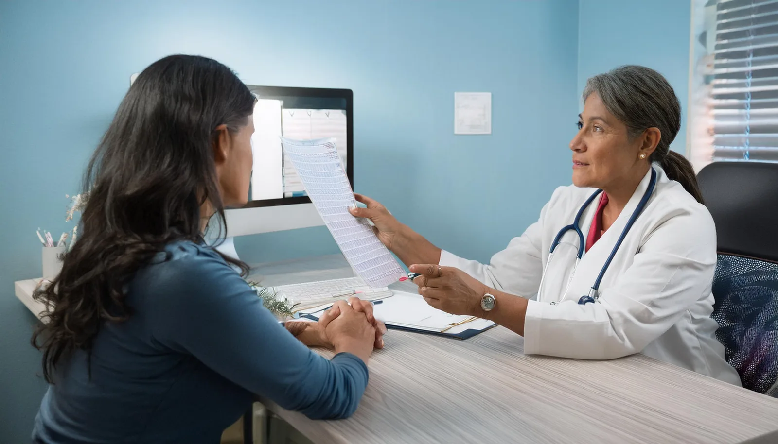 Clinical follow-up appointment reviewing monitoring results